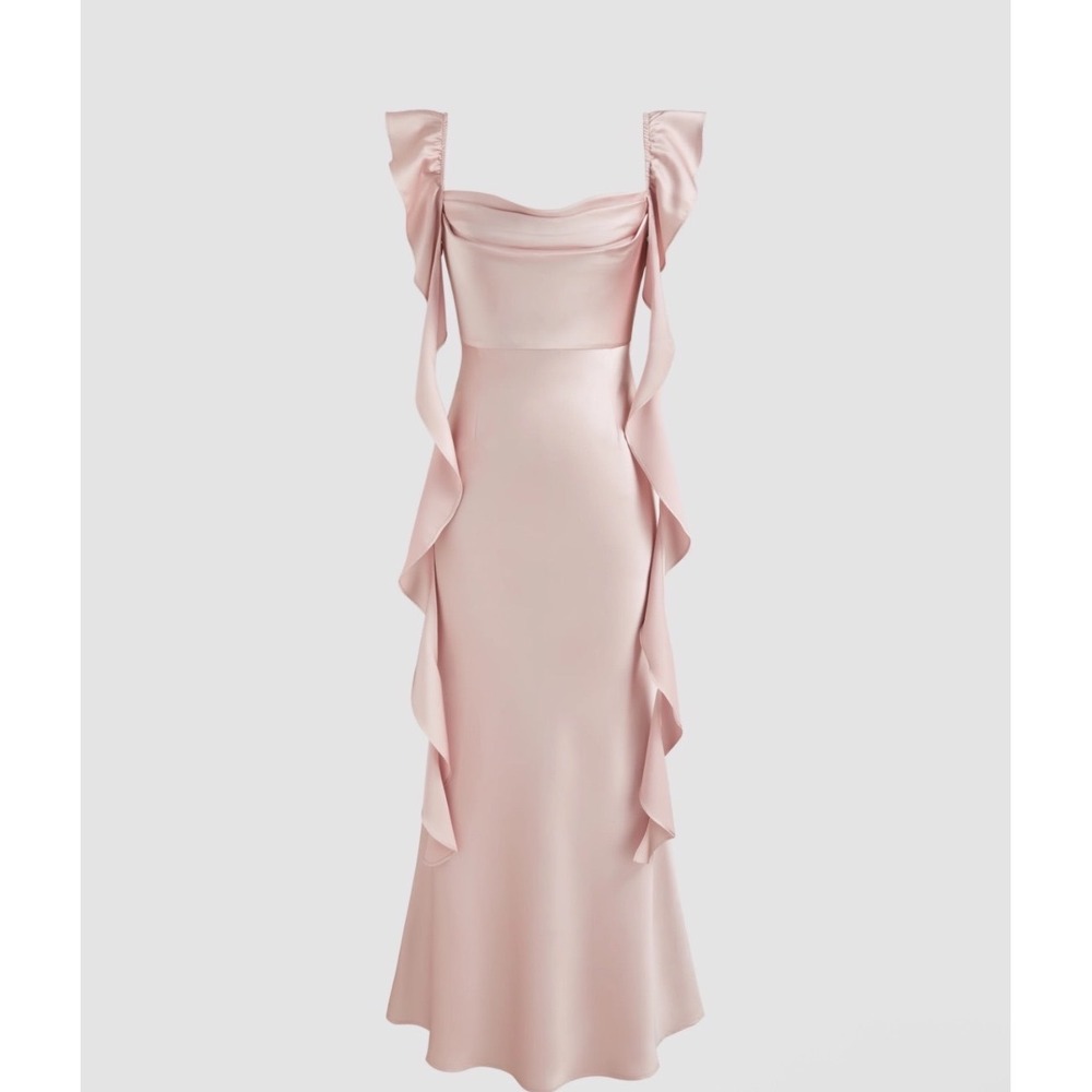Cider Pink Satin Cowl Neck Soft Romantic Ruffle Maxi Formal Dress Sleeveless XL